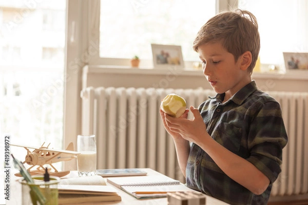 Fototapeta Elementary student eating an apple while learning at home.