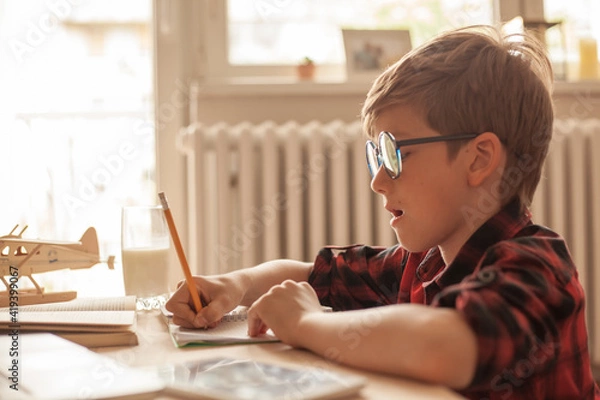 Fototapeta Nerdy boy writing in a notebook during home schooling in the living room.