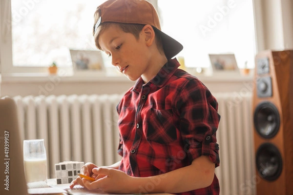 Fototapeta Cool elementary student learning at home.