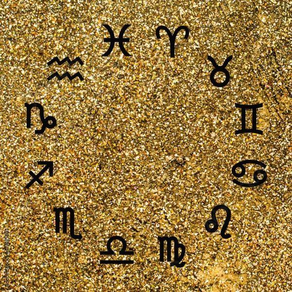 Obraz Vector. Graphic astrology set on the gold background. A simple black geometric representation of the zodiac sign for horoscope