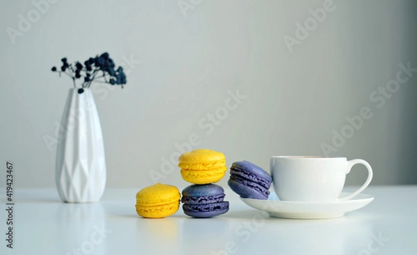 Fototapeta White cup of coffee, multicolored macaroons, vase with a sprig of dried berries on white background, close up