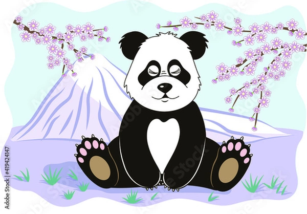 Fototapeta Vector illustration. A cute panda sits on the background of a mountain and blooming sakura.