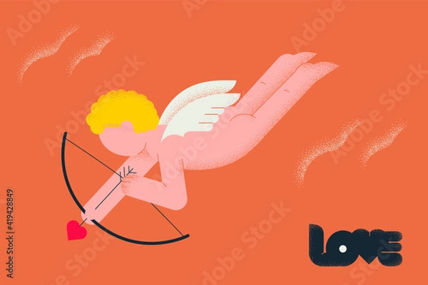 Obraz Baby cute cupid shooting with archery. Minimalistic flat illustration with texture for banners, web pages, greetings