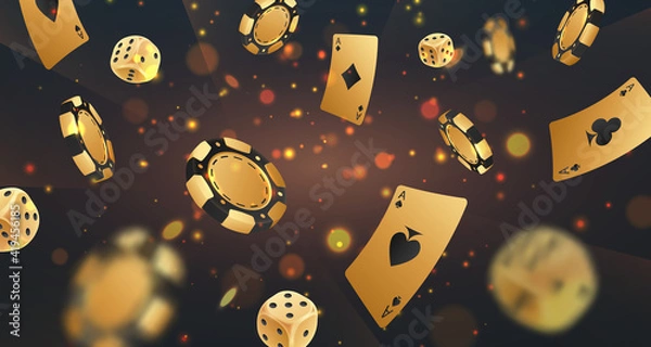 Obraz Falling golden poker chips, tokens, dices, playing cards on black background with gold lights, sparkles and bokeh. Vector illustration for casino, game design, flyer, poster, banner, web, advertising.