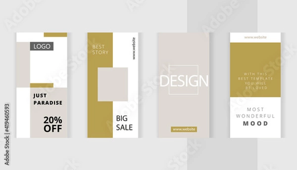 Obraz Green gold nude style. Set of editable vertical photo collage banners. Minimalist instagram templates for social media posting and online advertising. Trend vector illustration.