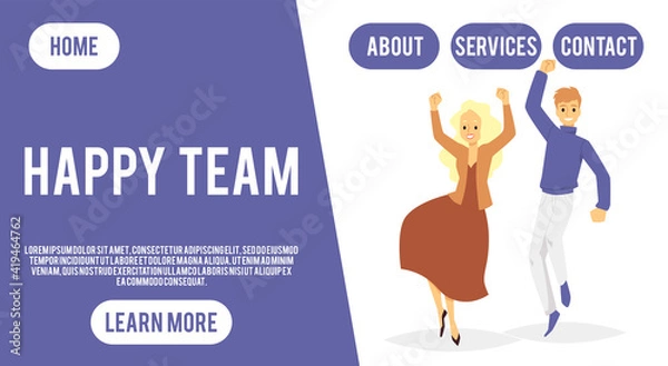 Fototapeta Happy team concept of website interface with people, flat vector illustration.
