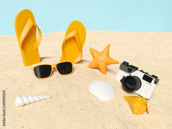 Obraz 3d beach elements on sand. Summer holidays