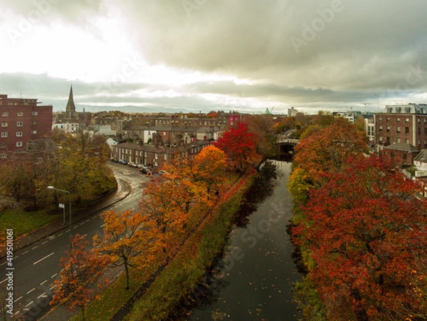 Obraz Aerial view of the Grand Canal in Dublin in Autumn, Drone photography
