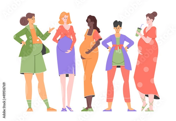 Obraz Group of young pretty different pregnant women. Mom-to-be, happy parenting. Trending colorful characters. Vector flat illustration.