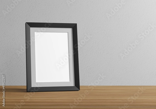 Fototapeta Blank photo frame on wooden table and cement background, 3d illustration.