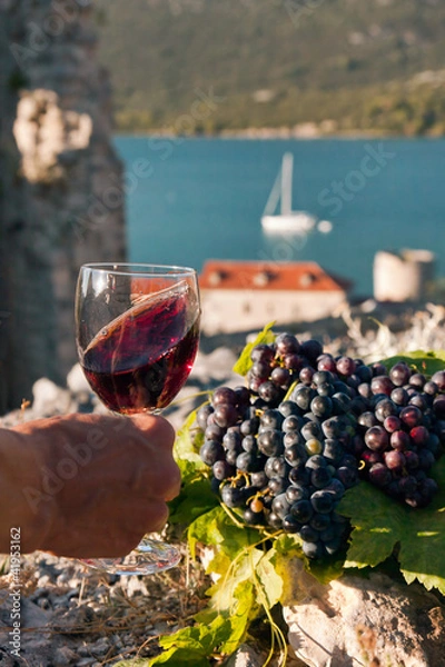 Obraz A glass of wine in female hand and grapes on the stone
