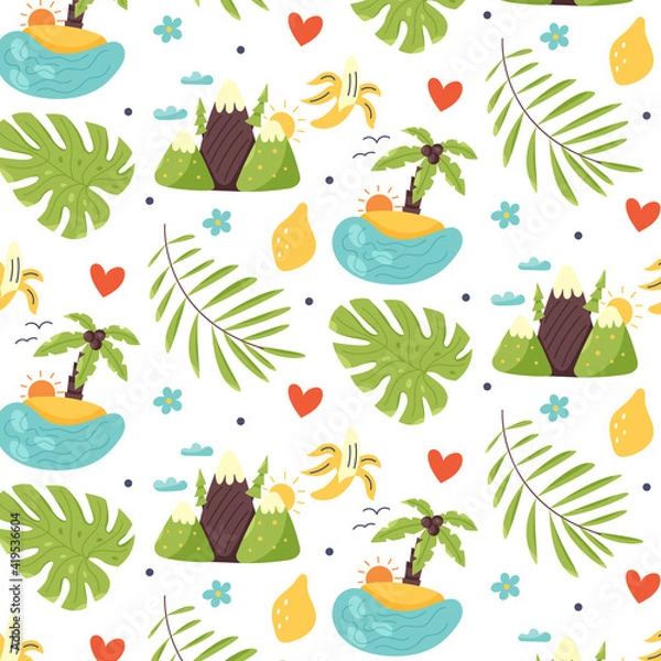 Fototapeta Seamless pattern island, mountains, tropical leaves, banana, lemon. Summer exotic background of digital paper. Vector cartoon flat illustration