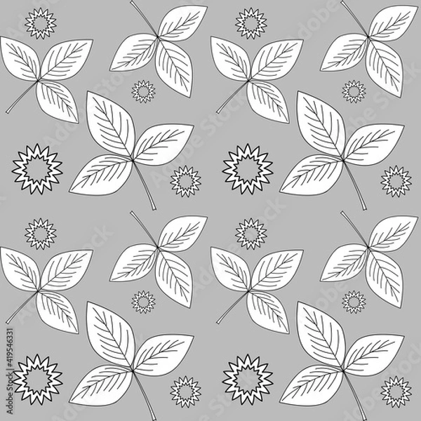 Obraz Design with plant elements and geometric shapes close-up on a gray background. An abstraction. Seamless background for printing on fabric or paper.