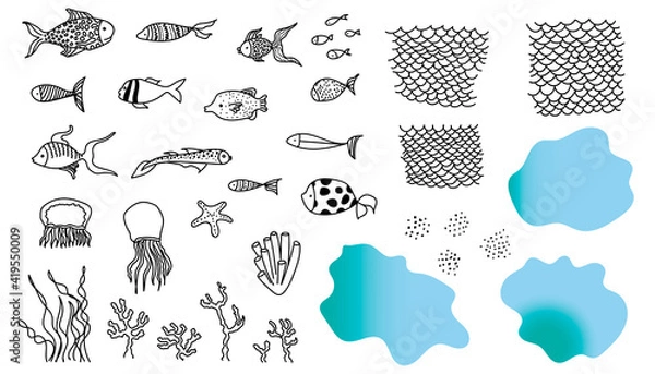 Obraz Set of sea animals. Abstract fishes and fishing net, jellyfish, seaweed, coral, starfish, blue spots. Vector illustration. Can be used in colouring book for adults and children.