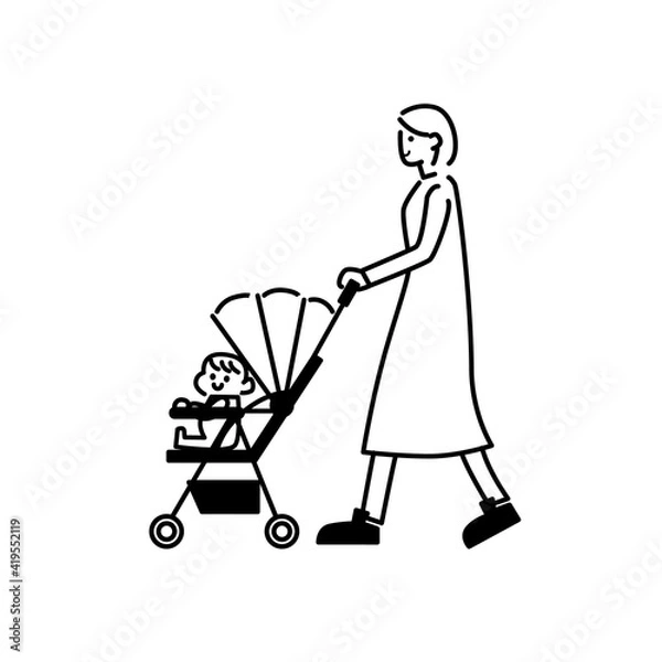Obraz ベビーカーと赤ちゃんとベビーカーを押す人イラスト素材