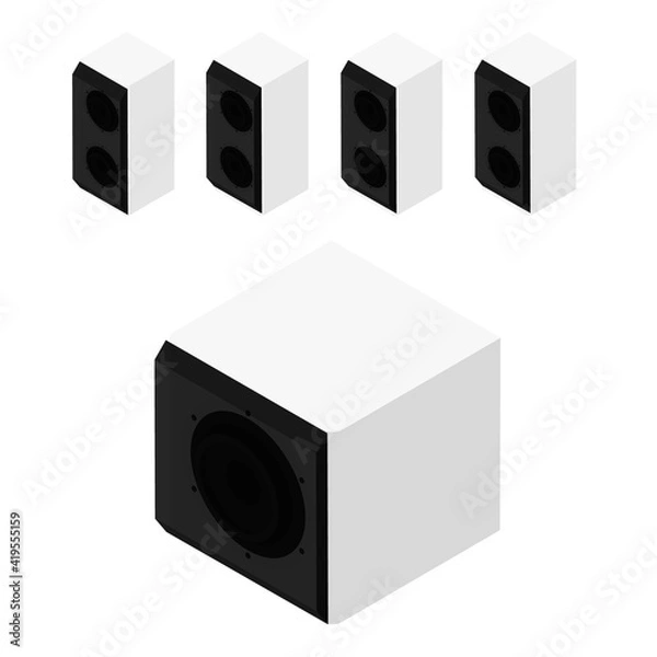 Obraz White acoustic speakers, loudspeakers and subwoofer isolated on white background isometric view