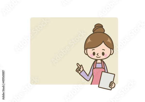 Obraz エプロン姿の女性＿フレーム＿指差し