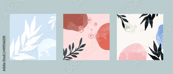 Fototapeta Set 3 illustration vector EPS 10 print hand draw painted abstract shapes dodles contemporary aesthetic boho mid century modern art with plant botanical gardens Scandinavian nordic design style