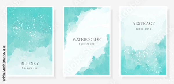 Obraz Abstract art blue sky vector illustration watercolor background with frame for text and splashes, streaks and paint stains. Business design template for banner,sale promotion, social media publication