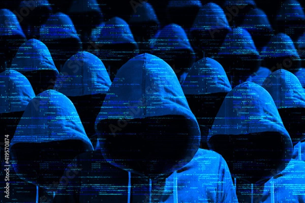 Fototapeta Group of coded hooded hackers in blue cybersecurity concept