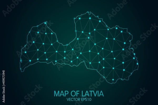 Fototapeta Map of Latvia - With glowing point and lines scales on the dark gradient background, 3D mesh polygonal network connections.Vector illustration eps 10.