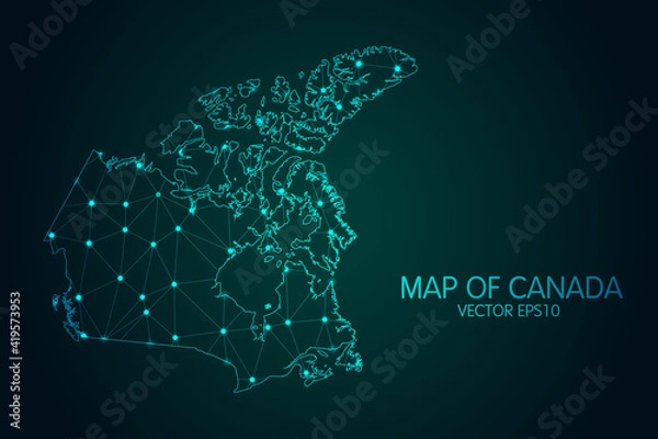 Fototapeta Map of Canada - With glowing point and lines scales on the dark gradient background, 3D mesh polygonal network connections.Vector illustration eps 10.