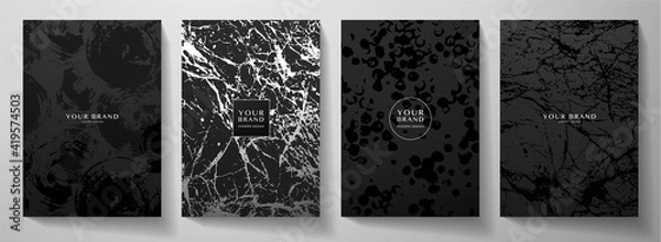 Fototapeta Modern black cover design set. Creative abstract art pattern with  brush stroke, marble texture, crack on background. Grunge vector collection for catalog, brochure template, magazine layout, booklet