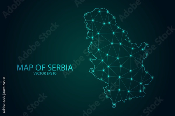 Obraz Map of Serbia - With glowing point and lines scales on the dark gradient background, 3D mesh polygonal network connections.Vector illustration eps 10.