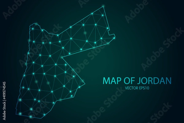 Fototapeta Map of Jordan - With glowing point and lines scales on The dark gradient background, 3D mesh polygonal network connections. Vector illustration eps10.