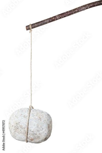 Fototapeta Stone hanging by a string isolated on white