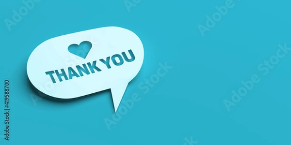 Fototapeta 3D rendered chat bubble concept: Isolated white bubble on blue background with copy space. Heart shape symbol with text THANK YOU. Graphic design illustration