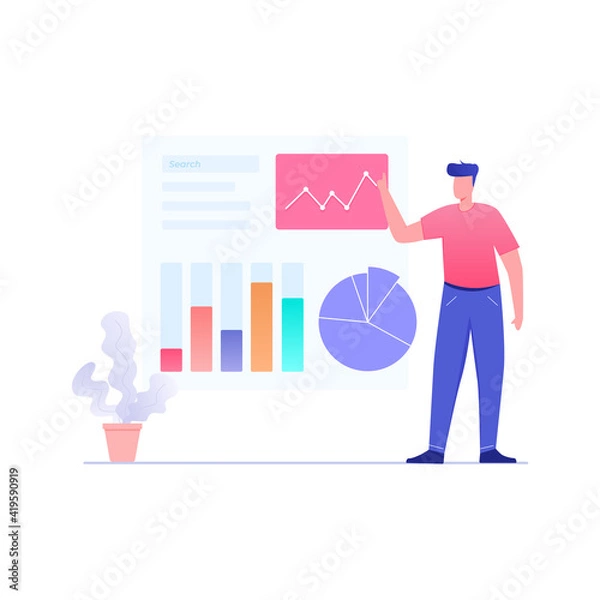 Obraz Man working on data analysis illustration. People Characters Working with Data Visualization. 