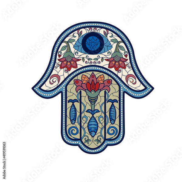 Fototapeta Traditional oriental or Indian sacred amulet of a religious symbol-Hamsa, hand of David,  with an ornament in the style of stained glass or mosaics. Vector illustration isolated on a white background