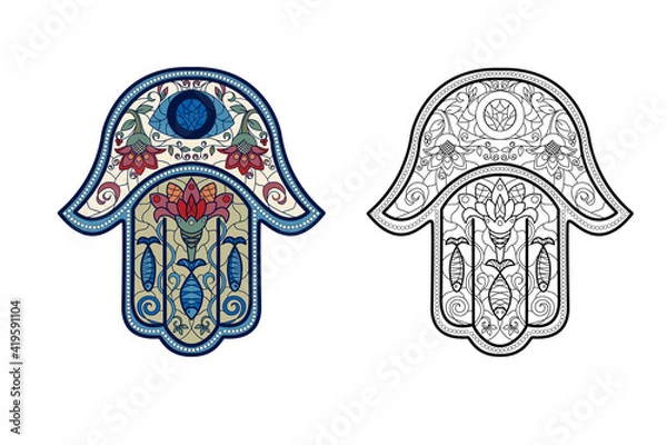 Fototapeta Set of clippings and a coloring book of traditional Oriental or Indian amulets-symbols of good luck, happiness Hamsa, the hand of David, with stained glass or mosaic ornaments. Vector illustration