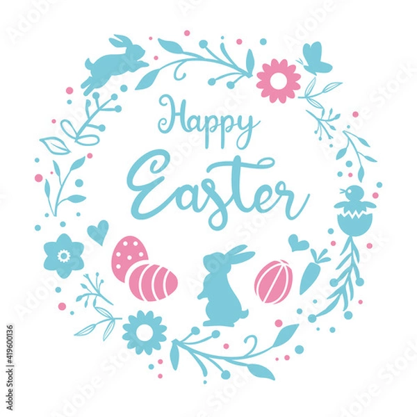Fototapeta Easter greeting card with wreath, Easter bunny, Easter Eggs and flowers vector illustration on white background