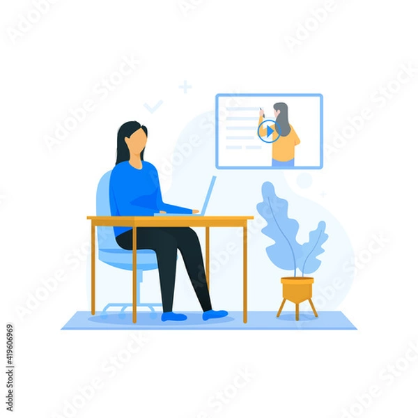 Obraz Woman sitting in front of the laptop. Girl taking online class.gr