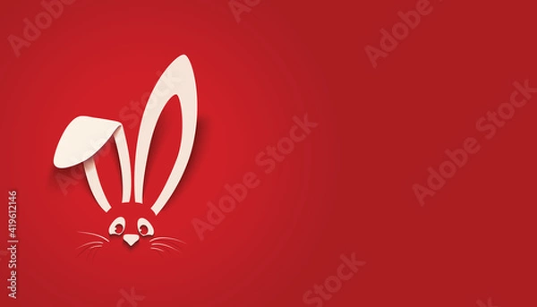 Fototapeta Happy Easter greeting card with white paper cut Easter Bunny Ears isolated on a red background,vector illustration