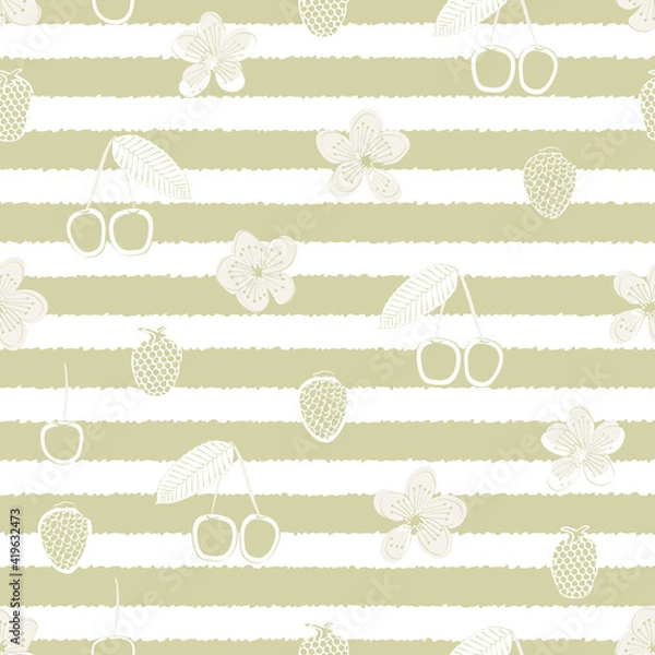 Obraz Vector Cherries, Berries, and Blooms on Gold White Striped Background Seamless Repeat Pattern. Background for textiles, cards, manufacturing, wallpapers, print, gift wrap and scrapbooking.