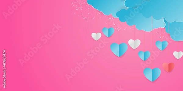 Fototapeta Valentine’s Day modern border frame design for Website, greeting or Sale banner, flyer, poster in paper cut style with cute flying Origami Hearts over clouds with air balloons isolated on background. 