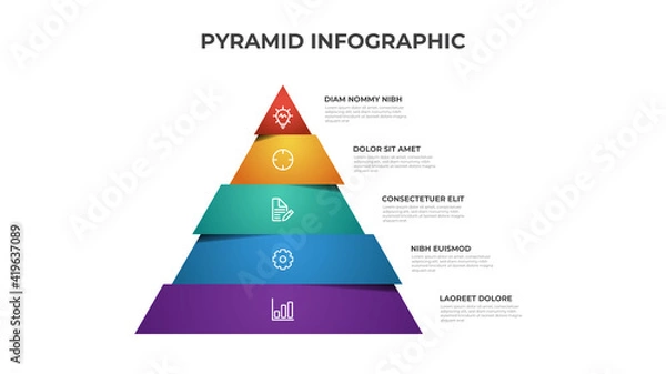 Fototapeta Colorful pyramid infographic template vector with 5 steps, list, levels diagram. Triangle segmented layout for presentation.