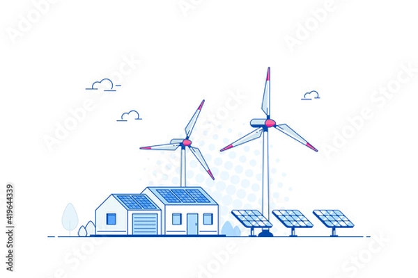 Fototapeta Landscape with Modern House, Solar Panels and Wind Turbines. Eco House, Energy Effective House, Green Energy concept banner design. Flat style vector illustration.