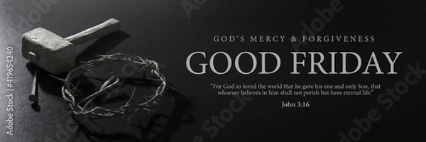 Fototapeta Good Friday Banner Design. Jesus Christ Crown of Thorns Nails and Hammer 3D Rendering