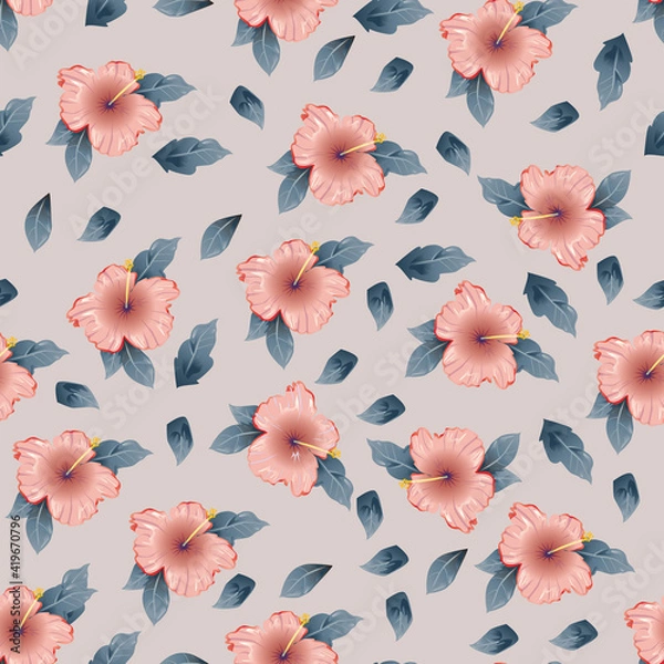 Fototapeta Pink Habiscus flowers seamless pattern . Vector illustration
