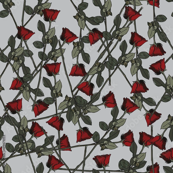 Fototapeta Red roses spreaded seamless repeating pattern with light grey background. Vector illustration
