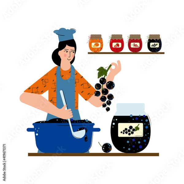 Obraz Joung woman is making jam of black currant. Jar of delicious jam in glass jar. A saucepan full of jam. Jam drips from the ladle.