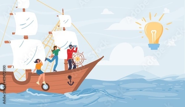 Fototapeta Vector cartoon flat characters sail on ship looking into distance on glowing lamp - new ideas,beginnings,opportunities,future vision,new business,profit searching,money investing concept