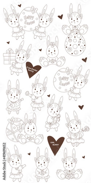 Fototapeta Set of sketched Easter with cute bunnies girls - with a gift, with an Easter egg, with flowers in dress and with a bow. Vector illustration. line, outline. decorative drawings for design Happy Easter