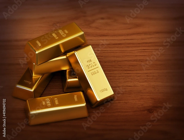 Obraz gold bars on a wood floor  3d render.