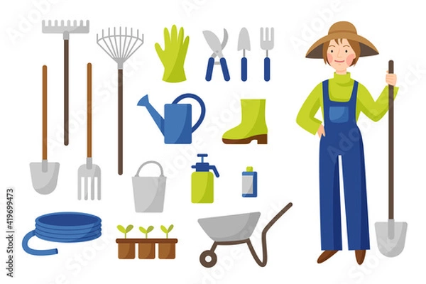 Fototapeta Vector collection of gardening tools in flat style isolated on a white background. A woman gardener in a hat and overalls stands with a shovel. Garden work. Farming set.