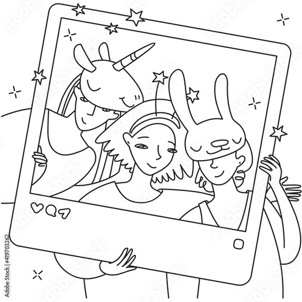 Obraz Line art illustration. 3 girls in masquerade masks posing for a photo. 